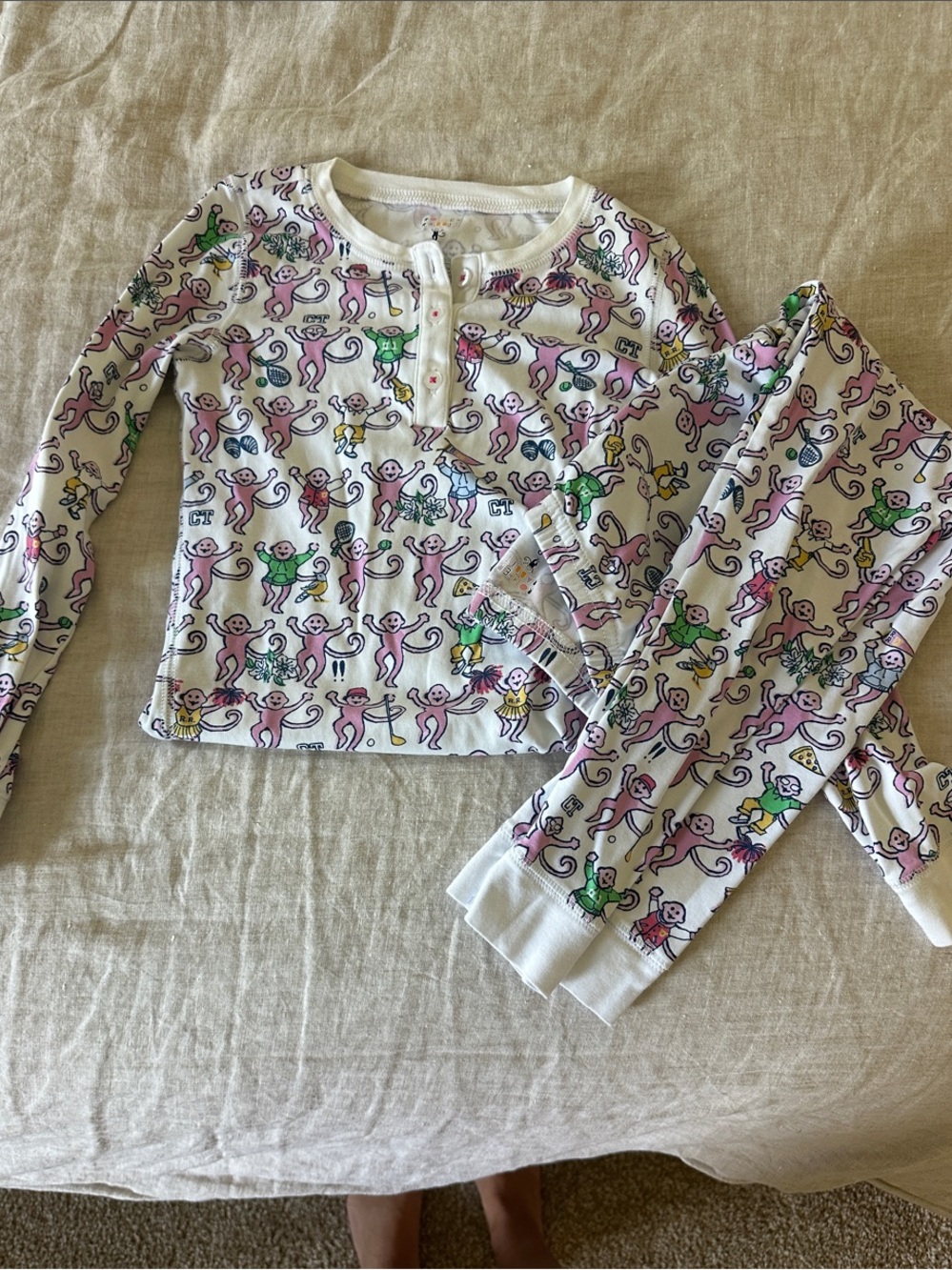 Roller Rabbit White Pajama Set with Pink, Green, Yellow & Blue Monkeys